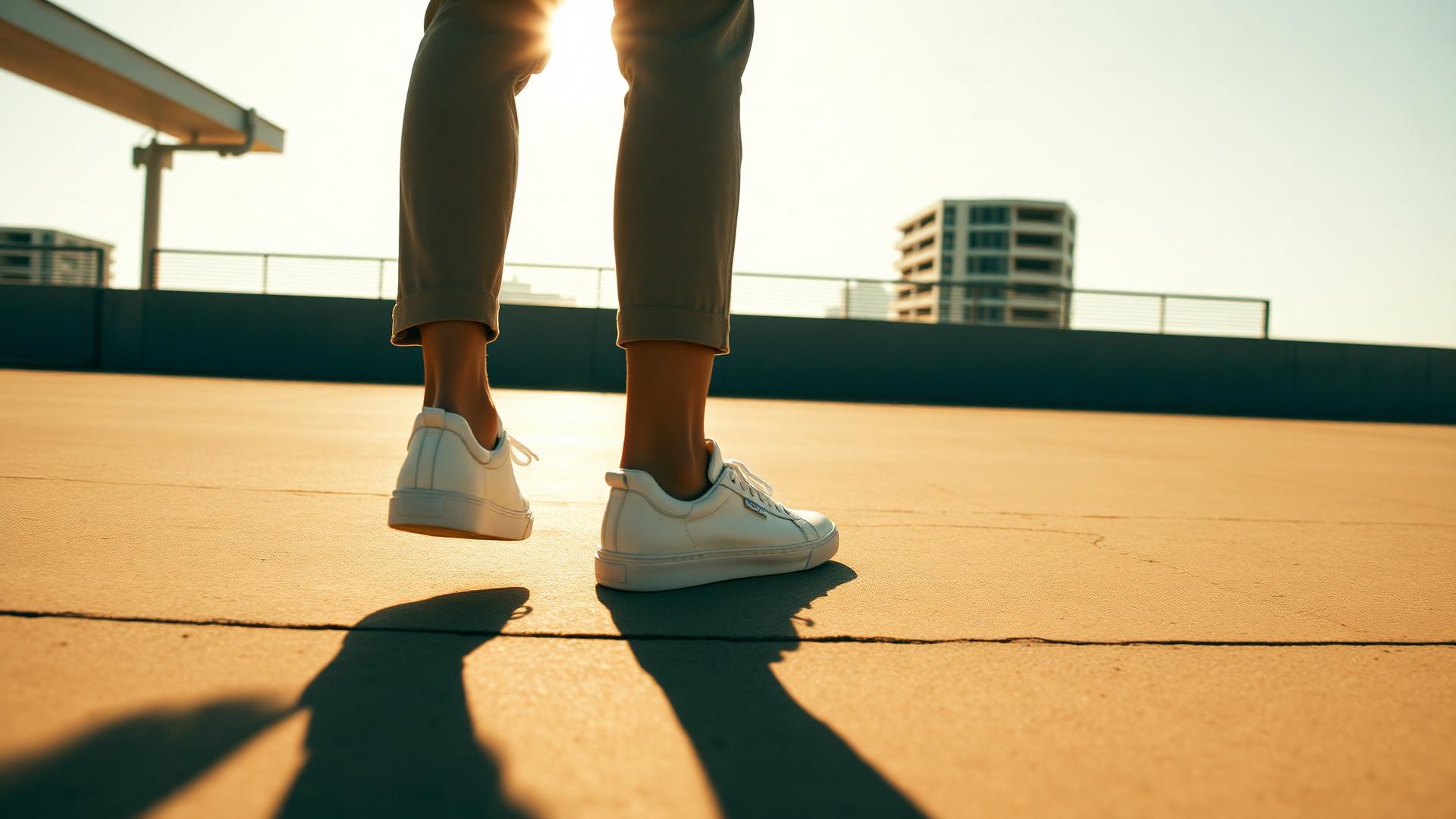 Walking in white leather sneakers on sunlit Australian pavement